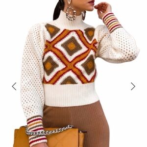 Glamorous Cream and Brown Geometric Knit Sweater